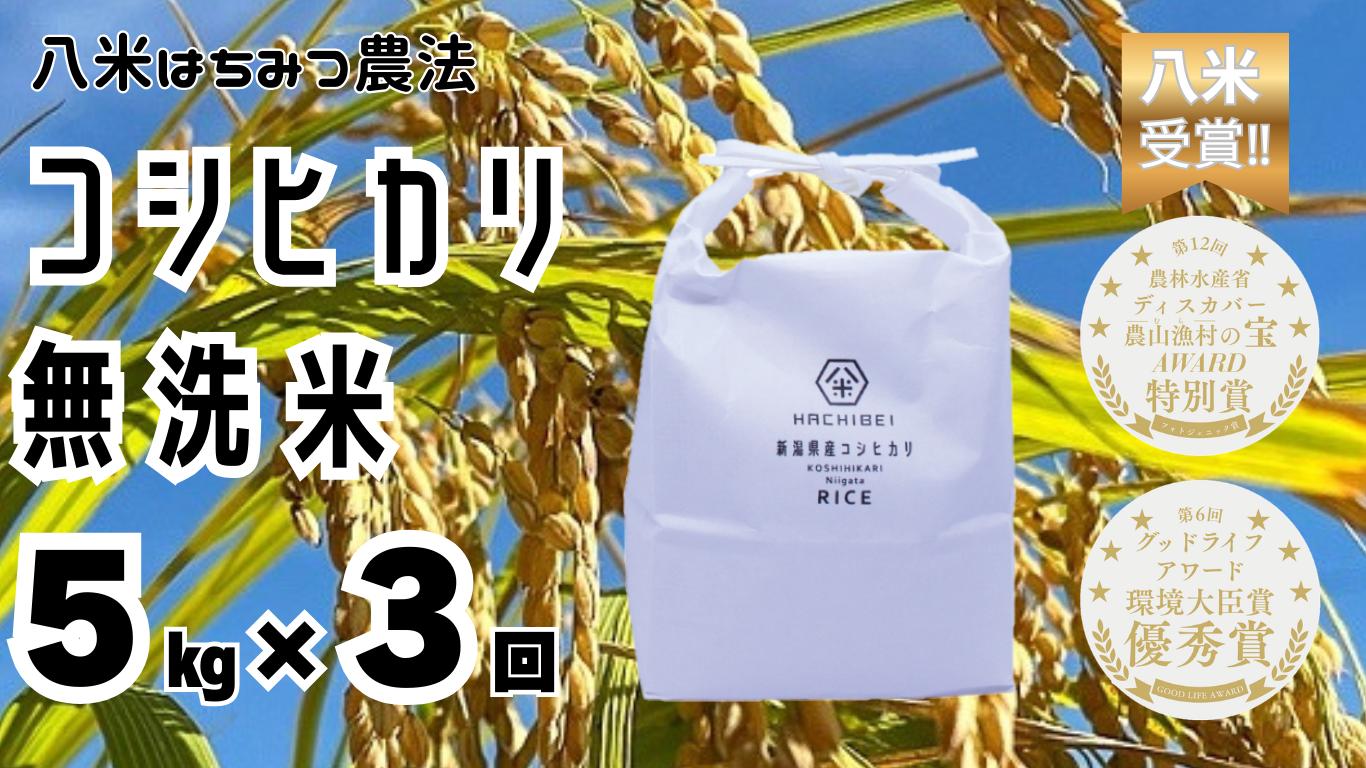 
                  【令和7年産】【環境大臣賞受賞】【特別賞受賞】 3ヶ月定期便 無洗米 コシヒカリ 5kg×3回 計15kg 農家直送 ほんのり甘い「はちみつ農法」 白米 精米 HACHIBEI 八米 新潟県、米、こめ、コメ 1L13037
                