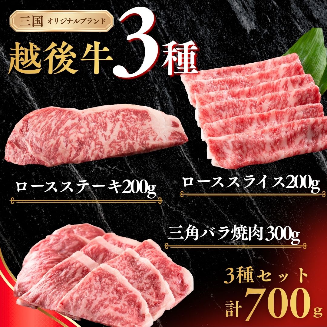【ふるさと納税】越後牛 3種セット 計700g（ロースステーキ200g・三角バラ焼肉300g・ローススライス200g） 三国 新潟県産 ブランド牛 和牛 牛肉 食べ比べ 冷凍 ギフト 新潟県 小千谷市