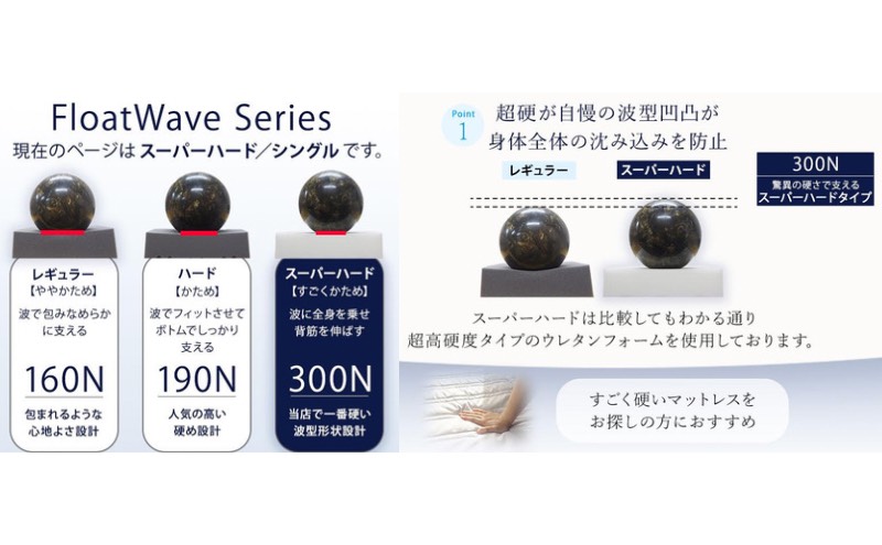 アキレス 健康サポートマットレス FloatWave スーパーハードタイプ S（シングル） グレー×ブラウン 3つ折り 日本製 300N すごくかため 厚さ10cm【寝具・マットレス・高硬度・三つ折り