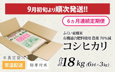 【胚芽付米】【定期便6ヶ月連続】【先行予約】令和6年産 新米 ふくい東郷米 特別栽培米 農薬70％減 コシヒカリ 3kg×6ヶ月 合計18kg[E-020022_03]