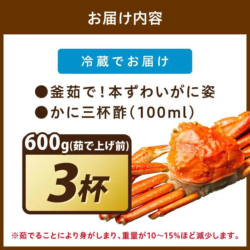 【大好評！カニ酢付き】訳あり！釜茹で！本ずわいがに姿 600g×3杯 カニ