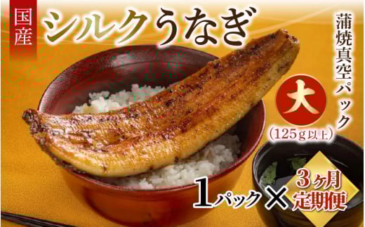 【定期便】【3ヶ月連続お届け】国産 シルクうなぎ蒲焼真空パック 大（125ｇ以上）×1パック 合計375ｇ以上 3パック【うなぎ 国産 1尾×3回 うなぎ蒲焼 ギフト 冷凍 鰻 ウナギ 蒲焼 蒲焼き うなぎの蒲焼き やなのうなぎ 観光荘】