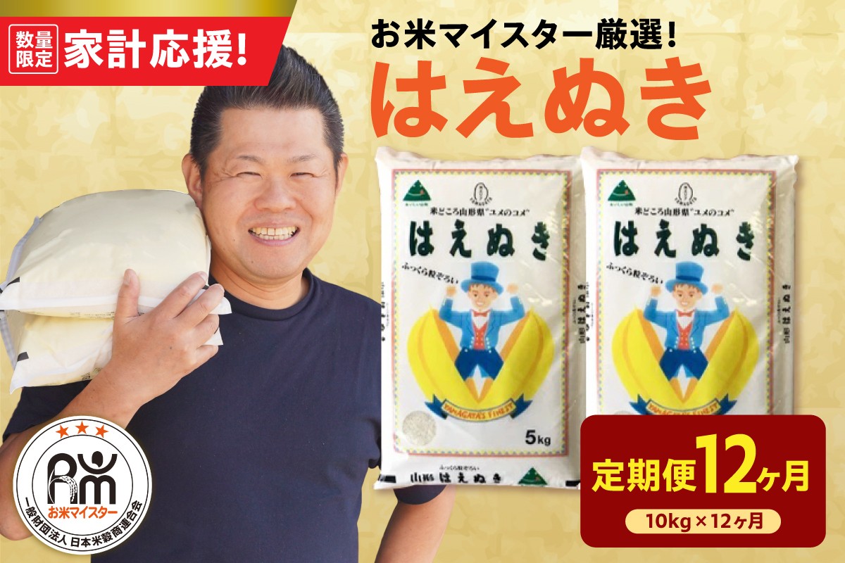 
                  【12ヶ月定期便】 令和7年産 はえぬき 10kg ( 5kg × 2袋 ) × 12回 計120kg 2025年産 精米 米 白米 ブランド米 お米マイスター 厳選 送料無料 山形県 米沢市
                