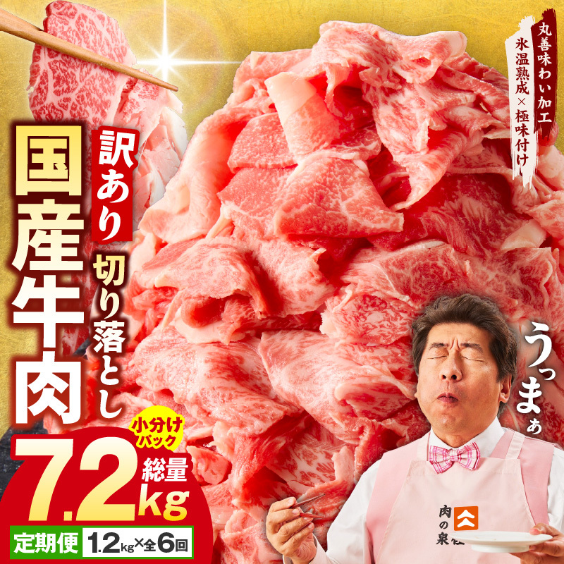 【定期便】国産 牛肉 切り落とし 1.2kg×全6回 総量 7.2kg【国産 牛肉 氷温熟成×極味付け 訳あり サイズ不揃い カレー 牛丼 野菜炒め 肉じゃが 家計応援 毎月配送コース】 mrzZ01