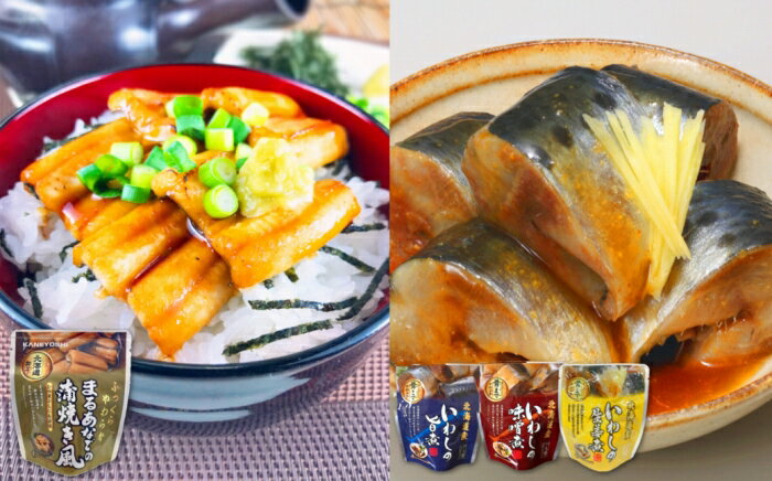 【ふるさと納税】【12月14日決済確定分まで年内配送】 あなご蒲焼き風＆いわし煮付けセット いわし イワシ 鰯 さかな 魚 サカナ お取り寄せ グルメ 海鮮 おかず ご飯のお供 旨煮 味噌煮 生姜煮 蒲焼き かばやき 蒲焼 ひつまぶし タレ 北海道 根室市 ふるさと納税 A-09101
