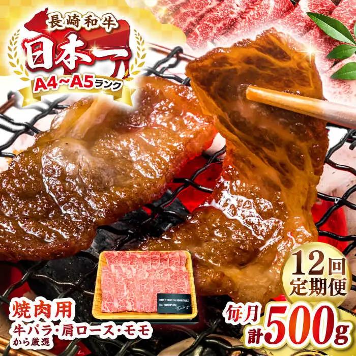 【全12回定期便】【A4?A5ランク】長崎和牛焼肉用　500g《壱岐市》【株式会社MEAT PLUS】肉 牛肉 黒毛和牛 焼き肉 焼肉 焼肉用 ギフト 贈答用 ご褒美 冷凍配送 A4 A5 [JGH110]
