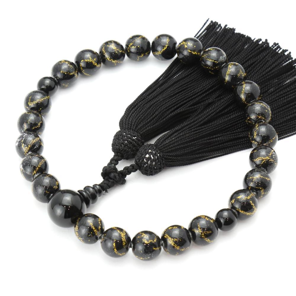 【ふるさと納税】【京念珠×京ちりめん】黒オニキス 数珠袋付き ブラック【土屋念珠店/男性用/メンズ/数珠/略式/仏具】