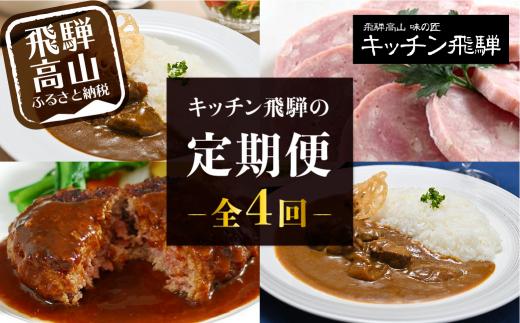 【定期便】人気のお肉レトルト商品詰め合わせ 全4回お届け | キッチン飛騨 4カ月 定期 カレー ハムセット ハンバーグ 缶詰 食品 冷凍 ビーフ ポーク カレー ビーフシチュー ハヤシビーフ 飛騨牛 老舗 名店 飛騨高山 飛騨ハム CQ100