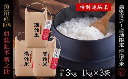 【2025年産新米】県認証 魚沼津南産新之助 3kg(1kg×3袋) 産地限定！農家直送 |津南町 魚沼産 コシヒカリ