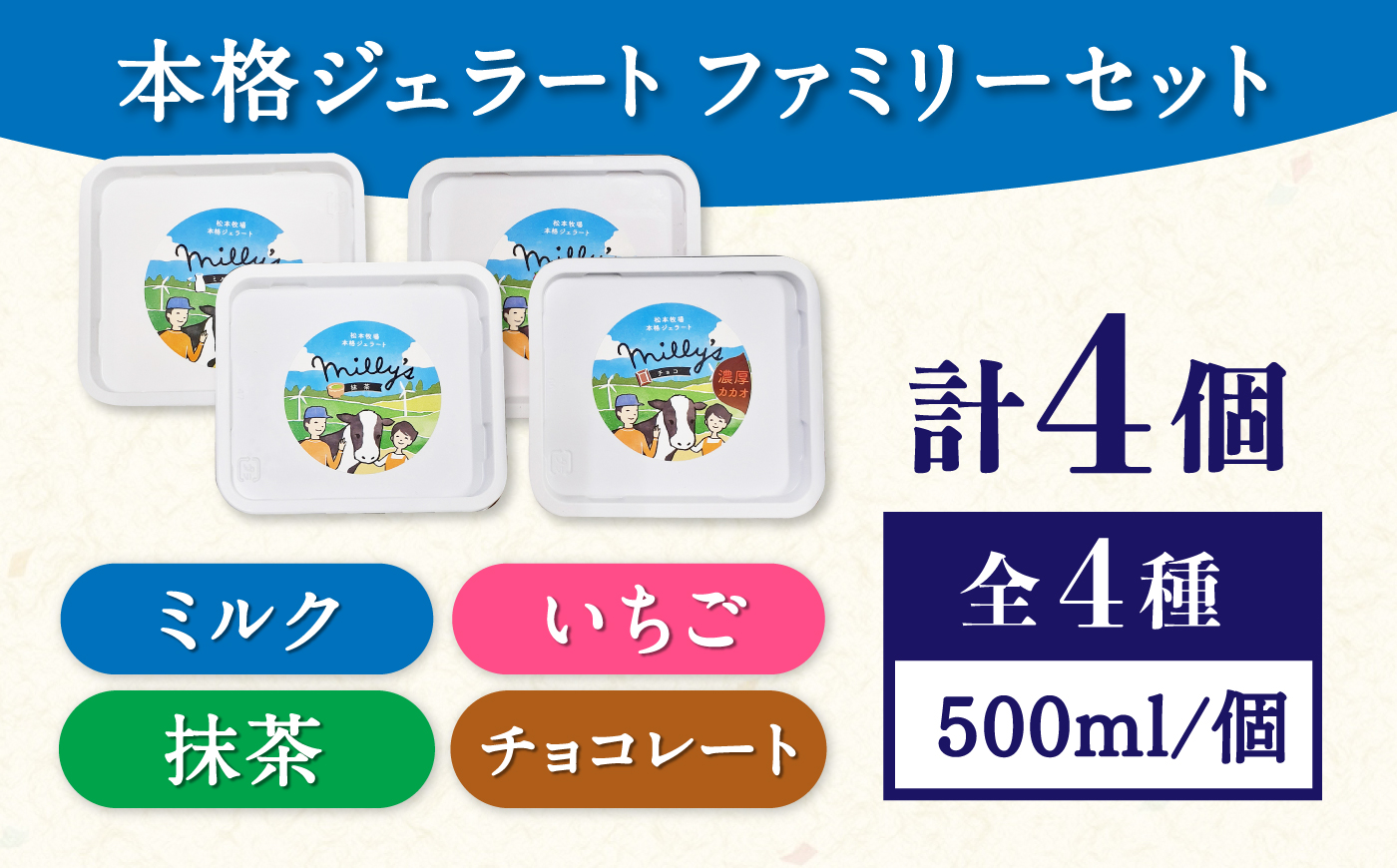 本格ジェラート ファミリーセット 500ml×4個 / アイスクリーム / 佐賀県 / 松本アイス工房 [41AOAA004]