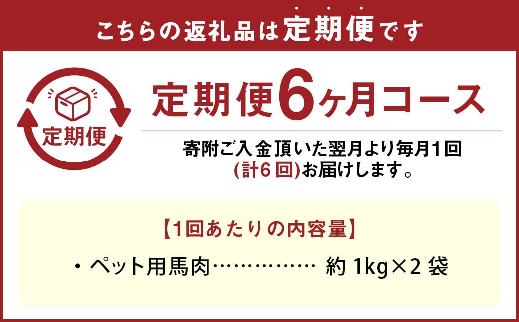 【6回定期便】 ペット用 馬肉 約2kg（約1kg×2袋）×6回 計約12kg