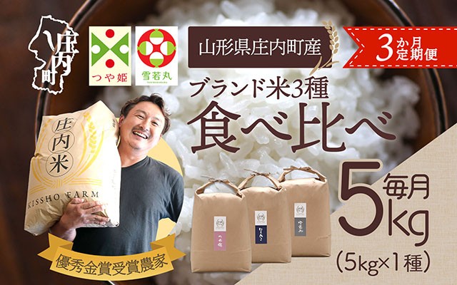 
                  【3か月定期便】吉祥ファーム 庄内町産 おいしい米 食べ比べ 毎月 5kg×1袋 1種 計15kg 令和7年産 金賞受賞農家 つや姫 はえぬき 雪若丸 ブランド米 コシヒカリの原点、亀の尾発祥の地【毎月中旬発送】
                