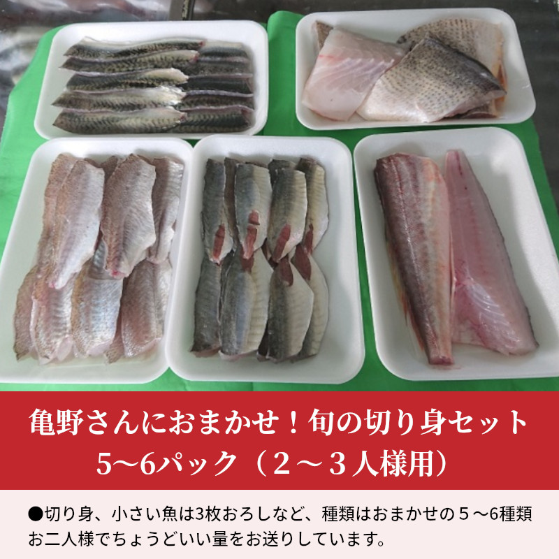 【ふるさと納税】切り身 セット 5～6パック ２～３人様用 冷凍 旬 魚 亀野さんにおまかせ 真空パック 揚げ物 焼き物 煮物 魚料理 ひうち灘漁師の店 亀吉丸 香川県 三豊市 お取り寄せ 送料無料