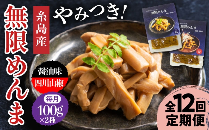 
                  【全12回定期便】【国産】無限 めんま 100g × 2種 食べ比べ セット ( 醤油味 / 四川山椒味 ) メンマ 糸島市 / 株式会社竹次郎 [AWJ010]
                
