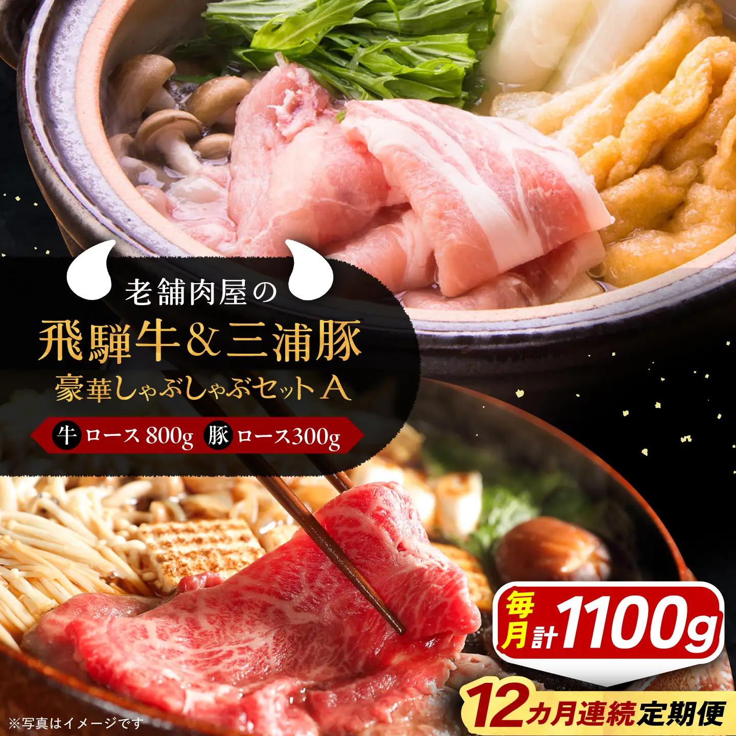 【12回定期便】 飛騨牛ロース800g 三浦豚ロース300g 豪華しゃぶしゃぶセットA 各種類1パック / 恵那市 / 岩島屋 [AUAJ047]