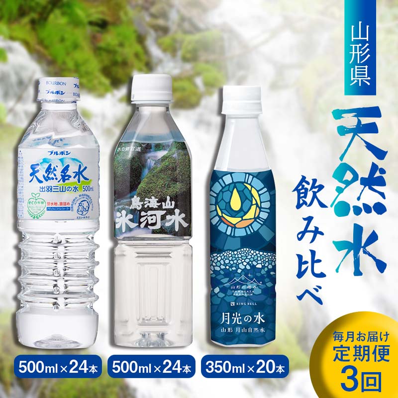 【ふるさと納税】 【定期便3回】山形県 3種天然水 飲み比べ（月光の水 350ml×20本・氷河水 500ml×24本・出羽三山の水 500ml×24本） F2Y-6315