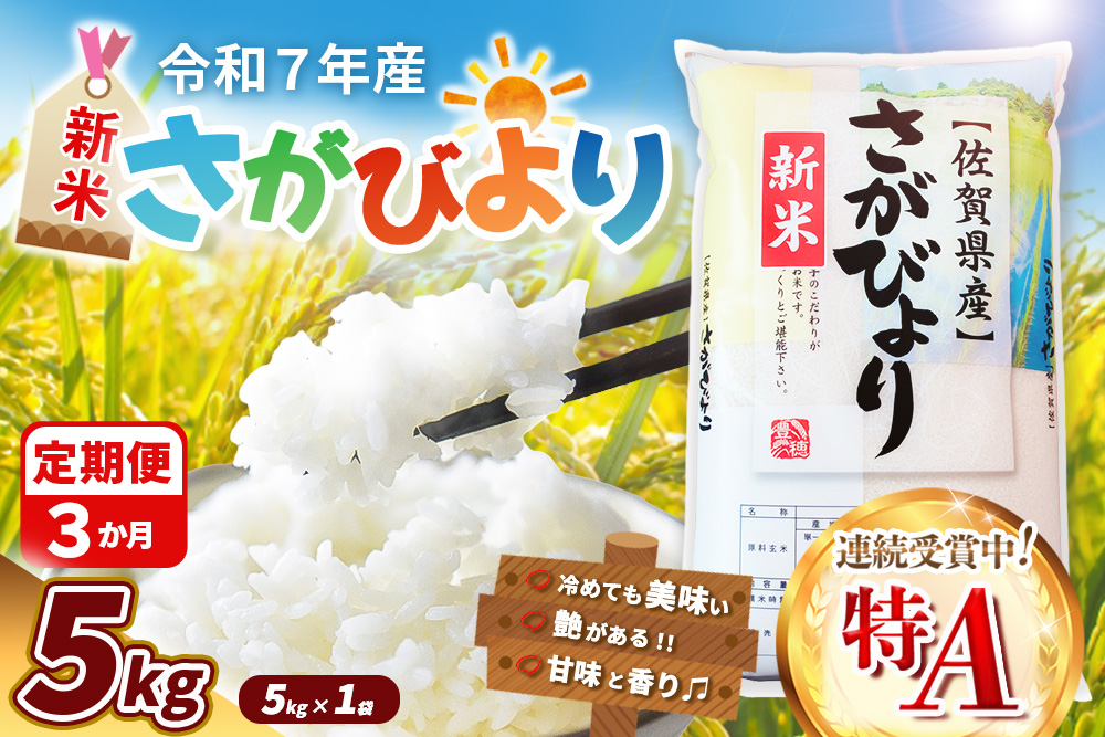 【令和7年産新米】【3カ月定期便】さがびより 5kg【特A米 米 ブランド米 県産米 精米 ごはん おにぎり お弁当 ふっくら もっちり】K018365