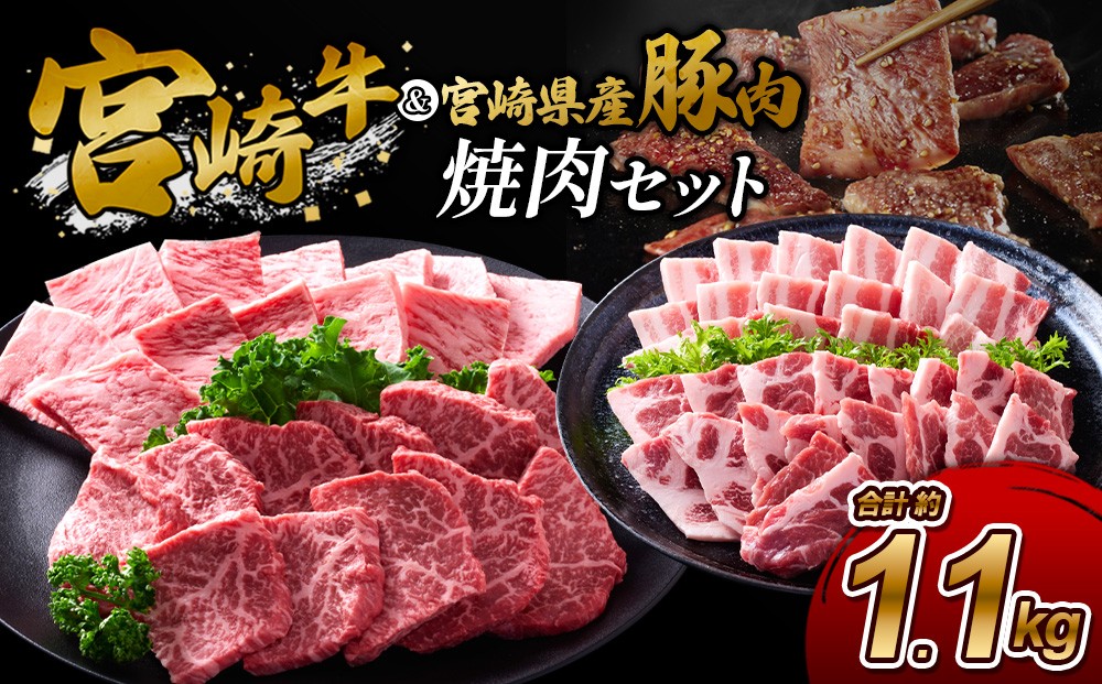
                  宮崎牛と宮崎県産豚の焼肉セット 計1.1kg（真空パック・小分け）
                