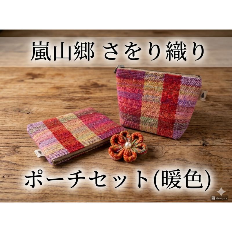 【ふるさと納税】さをり織り ポーチセット マチあり＆フラット 花ブローチ付（暖色） 手織り生地 雑貨 ハンドメイド 手作り