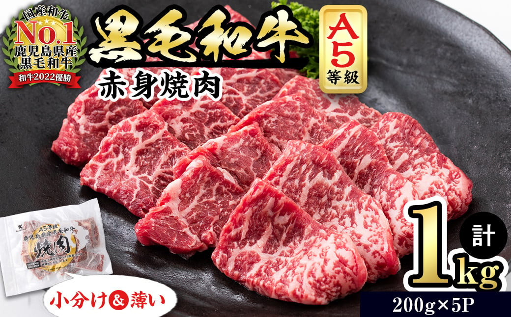 
            【小分け】＜A5等級＞鹿児島県産黒毛和牛 赤身焼肉(200g×5パック/計1kg)   牛肉 肉 小分け 鹿児島県産 国産 A5 赤身 焼肉 焼き肉 やきにく 黒毛和牛 BBQ 全国和牛能力共進会 ヘルシー あっさり b5-189
          