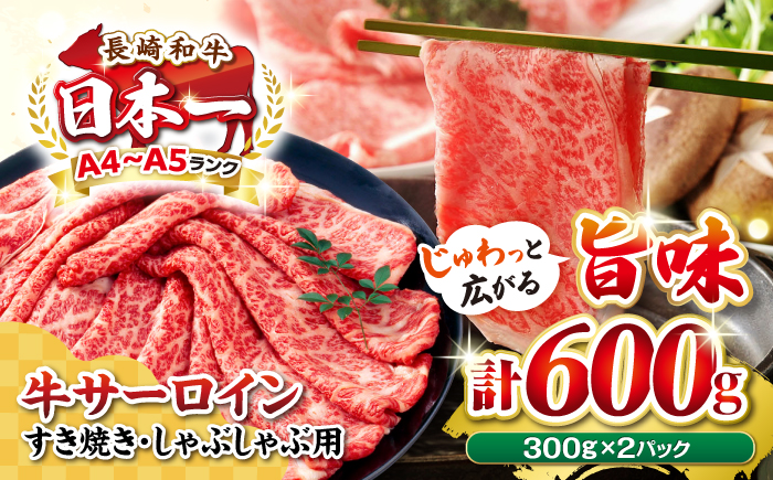 【厳選部位】A4〜A5ランク 長崎和牛 サーロイン スライス 600g（300g×2パック）（すき焼き・しゃぶしゃぶ）《壱岐市》【株式会社MEAT PLUS】肉 牛肉 黒毛和牛 鍋 ご褒美 冷凍配送 [JGH012]