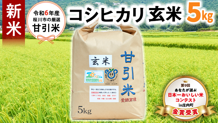 令和6年産 桜川市の 厳選 甘引米 コシヒカリ 玄米 5kg 特別栽培米 コシヒカリ こしひかり 玄米 米 こめ コメ 有機肥料 桜川市産 茨城県 いばらき[BA003sa]