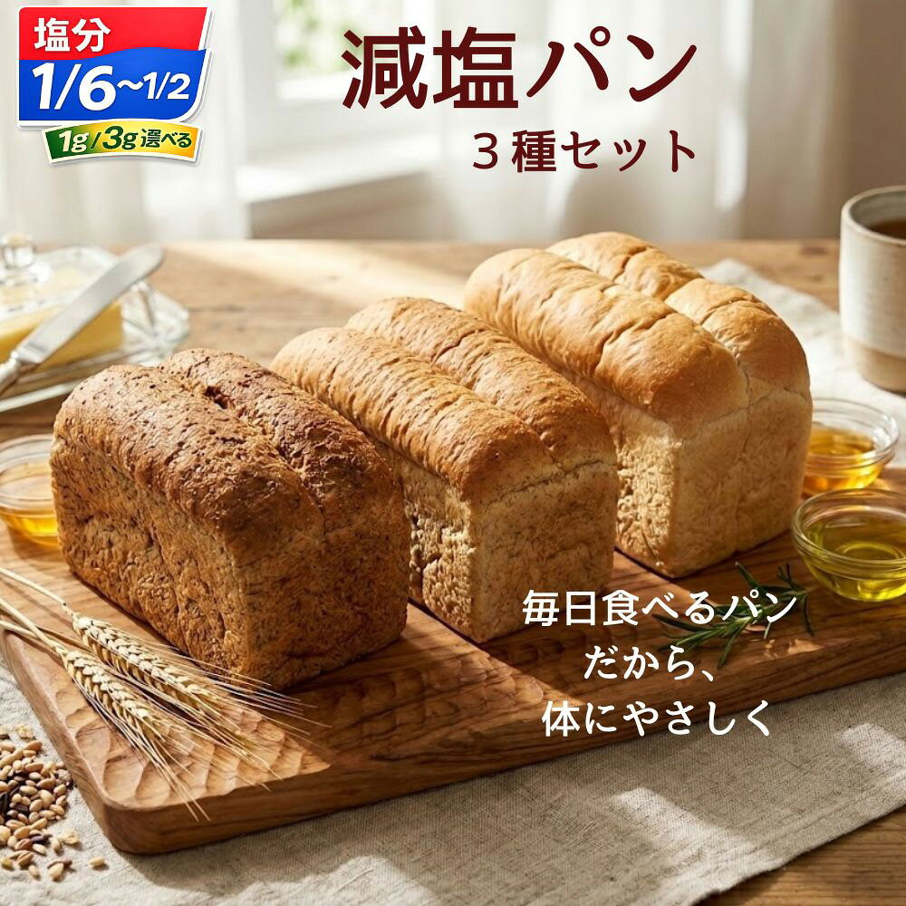 【ふるさと納税】 【選べる塩分量】無添加減塩パン3本セット（ライ麦パン・プレーン食パン・全粒粉パン） ／ 減塩パン パン 減塩 無添加パン 塩分控えめ 低塩パン ライ麦パン 全粒粉パン プレーン食パン 食パン 国産小麦 ココナッツオイル 朝食 トースト 冷凍パン No.127
