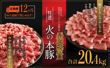 【定期12回発送】火の本 豚 食べ比べセット 切り落とし1100g しゃぶしゃぶ 用 ロース 600g 豚肉