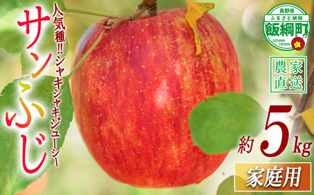 りんご サンふじ 家庭用 5kg 渡辺農園 沖縄県への配送不可 2026年12月上旬頃から2027年1月中旬頃まで順次発送予定 令和8年度収穫分 エコファーマー認定 減農薬栽培 長野県 飯綱町 [1023]