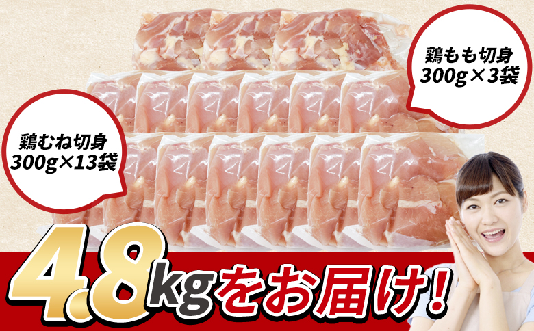 ＜若鶏肉 4.8kg セット＞ 2種セット 鶏肉 鶏もも 鶏むね 鶏モモ 鶏ムネ 小分けパック 真空パック カット肉 カット済み もも肉 むね肉 切身 切り身 普段使い 料理 詰め合わせ 精肉 県産 
