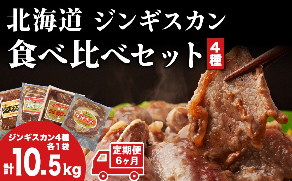 
            【6カ月定期便】ラム肉 味付き 4種 セット 各1 計10.5kg 北海道 羊肉 ジンギスカン ラム マトン 肩ロース 月山ワイン 仔羊 ひつじ たれ お肉 焼肉 BBQ バーベキュー ジビエ 冷凍 お取り寄せ ご当地 グルメ ギフト 久上工藤商店　BBQ
          