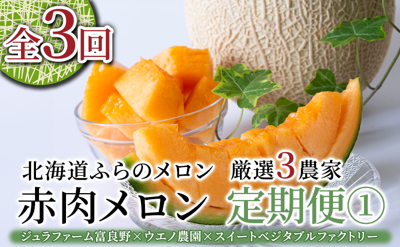 【年3回定期便】【2026年7～8月連続お届け】数量限定！ ふらのメロン 厳選3農家 コラボ  定期便(1)  食べ比べ 赤肉 2玉×3回 合計6玉 (北海道 富良野市 果物 フルーツ 甘い デザート 産地直送 新鮮 先着順 ジュラファーム富良野 ウエノ農園 スイートベジタブルファクトリー)