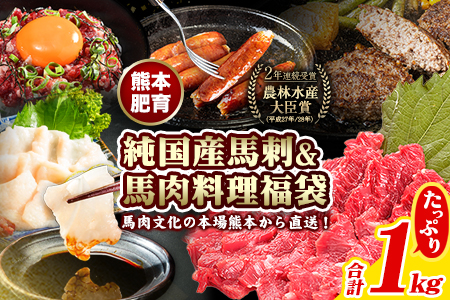 純国産馬刺し＆馬肉料理福袋 計1kg 熊本肥育 2年連続農林水産大臣賞受賞 送料無料 上赤身馬刺し100g たてがみ50g 馬とろ150g 馬ソーセージ500g 燻製 霜降り ハン馬ーグ200g(2個入り) タレ付き 南阿蘇村《90日以内に出荷予定(土日祝除く)》 st-p