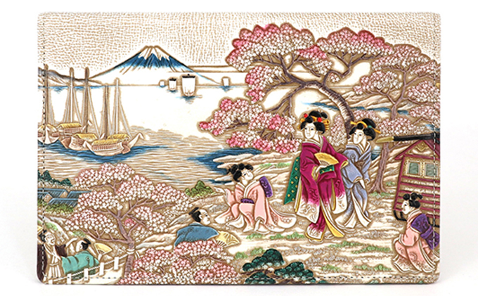 【文庫屋大関】パーソナルホルダー　浮世絵　御殿山【皮革工芸品】 ファッション 小物 シンプル パスポートケース 病院セット 型押し 大関卯三郎 牛革 