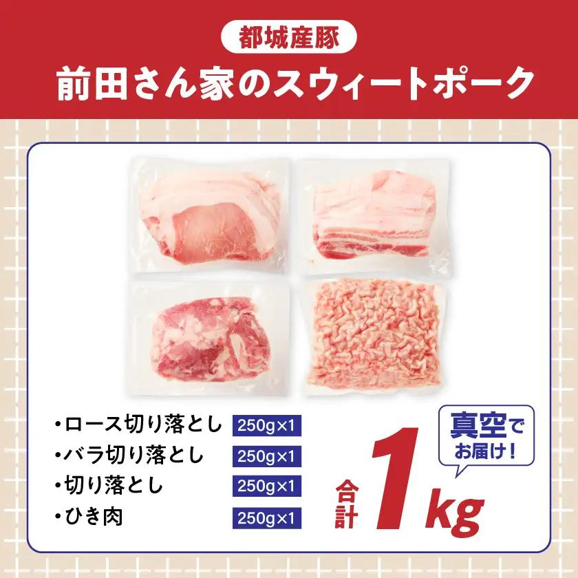 「前田さん家のスウィートポーク」肉肉肉1kgセット(真空)〔AA-89-002-1kg-s〕_(都城市) 豚肉 豚 ブランド豚 ロース バラ 切り落とし ひき肉 真空パック セット 1kg 肉 料理 