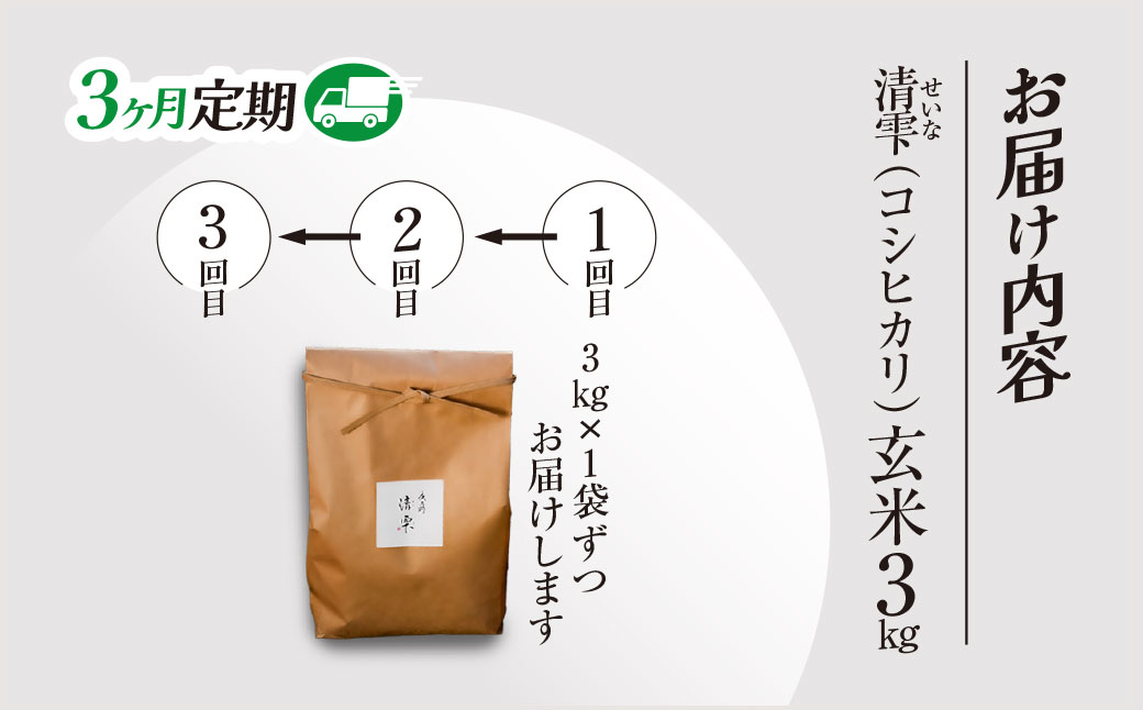 ＜3ヶ月定期便＞＜令和7年産＞ 京都夜久野産 清雫(せいな) コシヒカリ 玄米 (3kg×3回) 【fc-DB005-A03】【合同会社夜久野清雫】