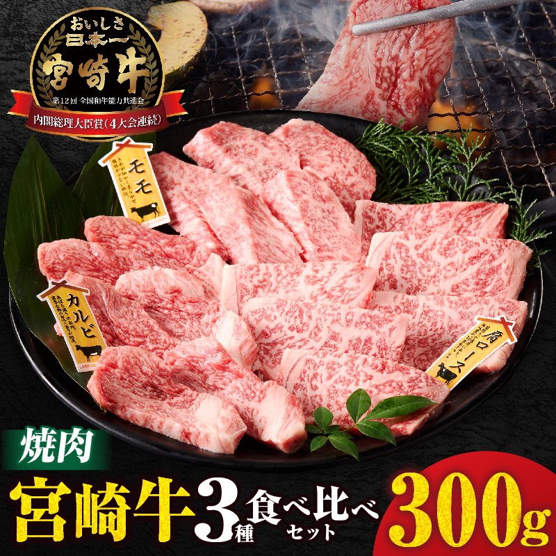 宮崎牛『焼肉』3種食べ比べセット(合計300g)肉 牛 牛肉 おかず 国産_T009-035【人気 ギフト 食品 すきやき しゃぶしゃぶ BBQ 贈り物 送料無料 プレゼント】