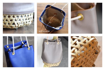 BB003-2　竹と牛革の巾着カゴバッグ　ピンクベージュ