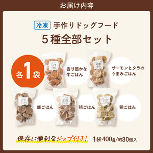 1cofood　手作りドッグフード　5種全部セット　1.香り豊かな牛ごはん　2.サーモンとタラのうまみごはん　3.鹿ごはん　4.猪ごはん　5.さつま赤鶏ごはん_Pf035