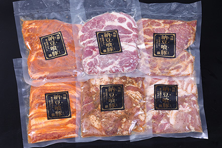 飛騨納豆喰豚味付け肉　6種セット 各1袋 計6袋【冷凍】（ピリ辛カルビ・味噌漬け・塩カルビ・塩麹漬け・醤油麹漬け・ばら味噌漬け）豚肉 なっとく豚 天狗【11-64】
