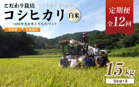 【定期便12回】有機栽培コシヒカリ白米 15kg 低農薬 12ヶ月【 米 15キロ 精米 白米 こめ コメ お米 おこめ こしひかり 有機栽培米 減農薬 】