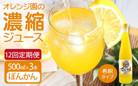 【12回定期便】オレンジ園の濃縮ジュース ぽんかん 500ml 3本 希釈用 【J00118】