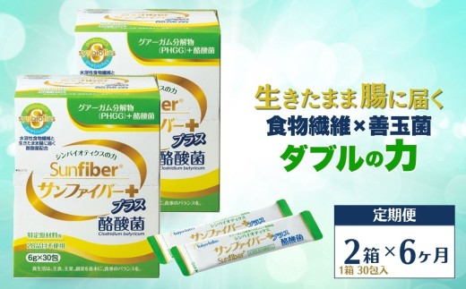 ＜定期便6ヶ月＞TVで話題！ グアーガム分解物 サンファイバープラス（粉末スティック）6g×30包【2箱セット】 │水溶性食物繊維 酪酸菌 医療 介護 シンバイオティクス プレバイオティクス プロバイオティクス 発酵性食物繊維 健康食品 サプリ 個包装  太陽化学 三重県 四日市市 ふるさと納税