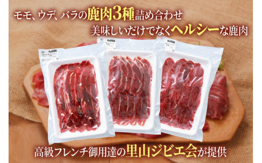 3つの部位が楽しめる「鹿肉スライスセット」(モモ300g×1パック、ウデ300g×1パック、バラ300g×1パック) いろんな料理に使いやすい！[0884]