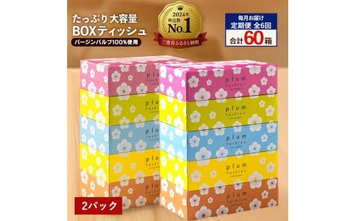 MH140-0152_【ふるさと納税】 ティッシュ ティッシュペーパー 「 大容量 プラムファッション BOXティッシュ 2パック (ケース10個入り) 定期便 全6回(毎月)」 [ 常備品 生活用品 まとめ買い 蛍光染料不使用 日用品 日用雑貨 日用消耗品 ]