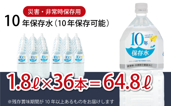 10年保存水 大人3人 1週間分 計64.8L 1.8L×36本セット 水 10年保存可能 室戸海洋深層水100％使用 ミネラルウォーター ペットボトル 長期保存水 備蓄水 備蓄用 非常災害備蓄用 災害用 避難用品 防災グッズ 送料無料　ak028