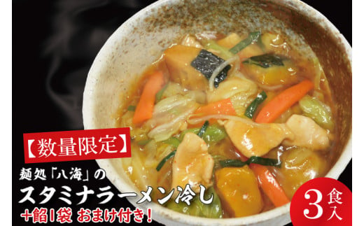 【日時指定必須】日曜朝のTVで紹介されました！麺処「八海」のスタミナラーメン冷し（３食入り）【数量限定】+餡１袋 おまけ付き！【我流食堂 ラーメン 麺 スタミナ 冷やし ラーメン ご当地ラーメン ご当