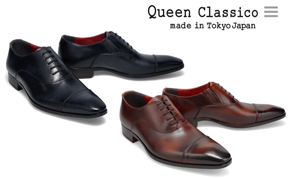 
            クインクラシコ 革靴 10001 | ビジネスシューズ 本革 ストレートチップ 幅広 甲高 キャップトゥ エラスティック スリッポン 牛革 フォーマル
          