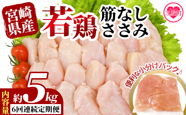 ＜【6回連続定期便】宮崎県産若鶏筋なしささみ 約5kg＞ 定期便 定期配送 国産 鶏 肉 精肉 ささみ ささみ肉 筋なし 使いやすい パック 真空冷凍 お弁当 惣菜 蒸し鶏 数量限定 鶏ささみ 鶏ササミ ササミ 鳥ささみ 鳥ササミ あっさり すじ無し 便利 冷凍食品 小分けパック 【MI799-tr】【TRINITY】