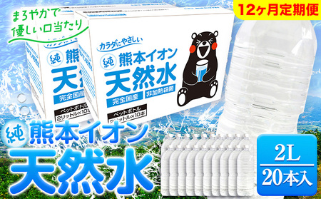 【12ヶ月定期便】熊本イオン純天然水 ラベルレス 2L×20本 《申込み翌月から発送)》2l 水 飲料水 ナチュラルミネラルウォーター 熊本県 玉名郡 玉東町 完全国産 天然水 くまモン パッケージ